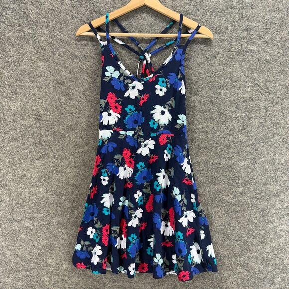 So Skater Dress Women M Medium Blue Floral Midi V-Neck Sleeveless Cotton Casual - Picture 1 of 6